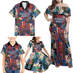 Newcastle Knights Family Matching Off Shoulder Maxi Dress and Hawaiian Shirt Tropical Hibiscus Floral Pattern With Blue And Red Accents