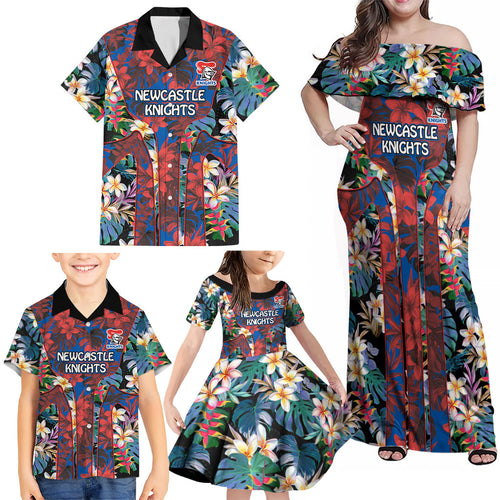 Newcastle Knights Family Matching Off Shoulder Maxi Dress and Hawaiian Shirt Tropical Hibiscus Floral Pattern With Blue And Red Accents