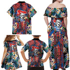 Newcastle Knights Family Matching Off Shoulder Maxi Dress and Hawaiian Shirt Tropical Hibiscus Floral Pattern With Blue And Red Accents