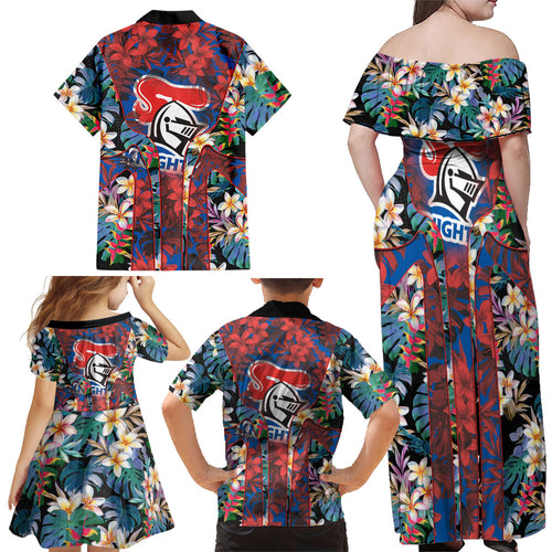 Newcastle Knights Family Matching Off Shoulder Maxi Dress and Hawaiian Shirt Tropical Hibiscus Floral Pattern With Blue And Red Accents