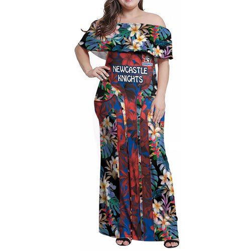 Newcastle Knights Family Matching Off Shoulder Maxi Dress and Hawaiian Shirt Tropical Hibiscus Floral Pattern With Blue And Red Accents