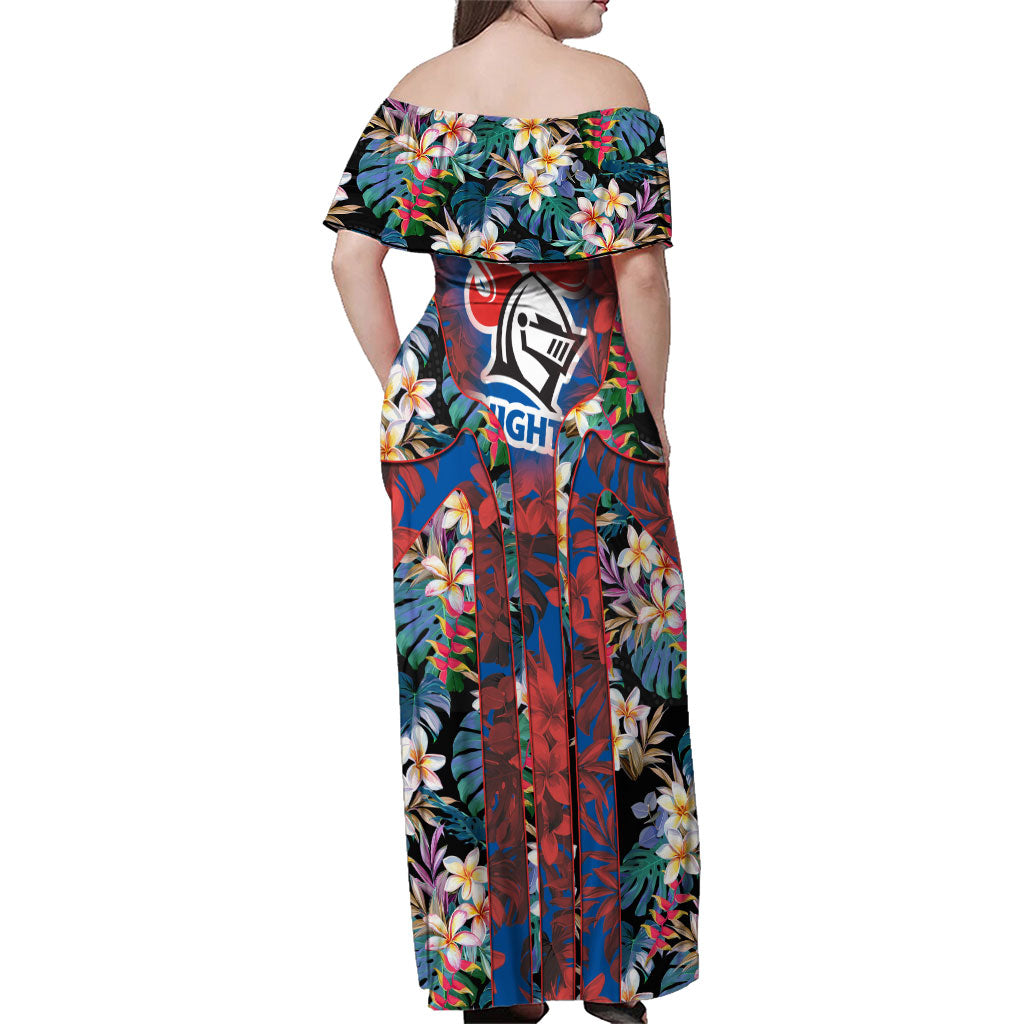 Newcastle Knights Family Matching Off Shoulder Maxi Dress and Hawaiian Shirt Tropical Hibiscus Floral Pattern With Blue And Red Accents