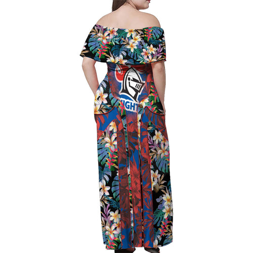 Newcastle Knights Family Matching Off Shoulder Maxi Dress and Hawaiian Shirt Tropical Hibiscus Floral Pattern With Blue And Red Accents