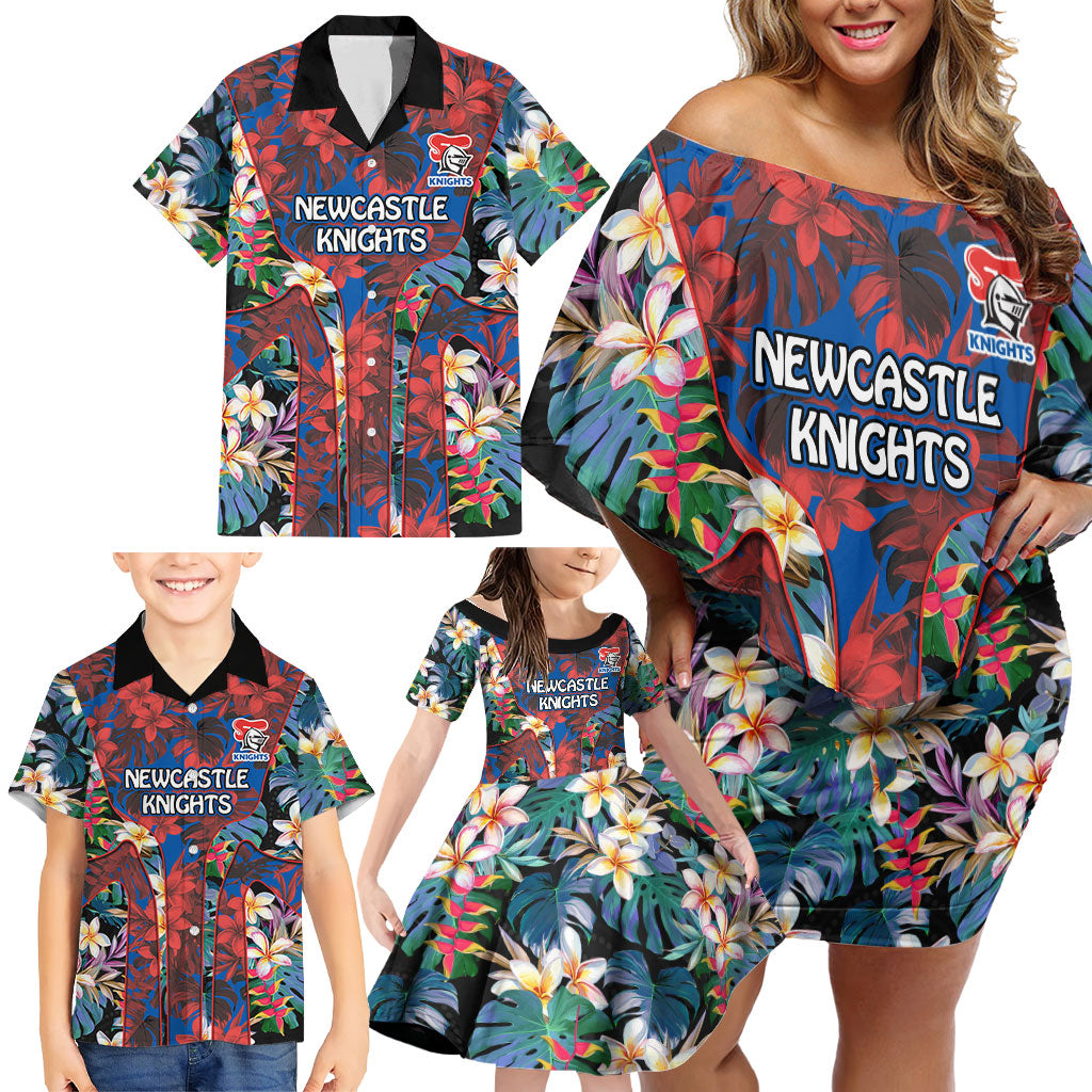 Newcastle Knights Family Matching Off Shoulder Short Dress and Hawaiian Shirt Tropical Hibiscus Floral Pattern With Blue And Red Accents