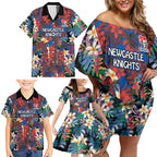 Newcastle Knights Family Matching Off Shoulder Short Dress and Hawaiian Shirt Tropical Hibiscus Floral Pattern With Blue And Red Accents