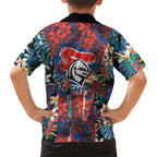 Newcastle Knights Family Matching Off Shoulder Short Dress and Hawaiian Shirt Tropical Hibiscus Floral Pattern With Blue And Red Accents