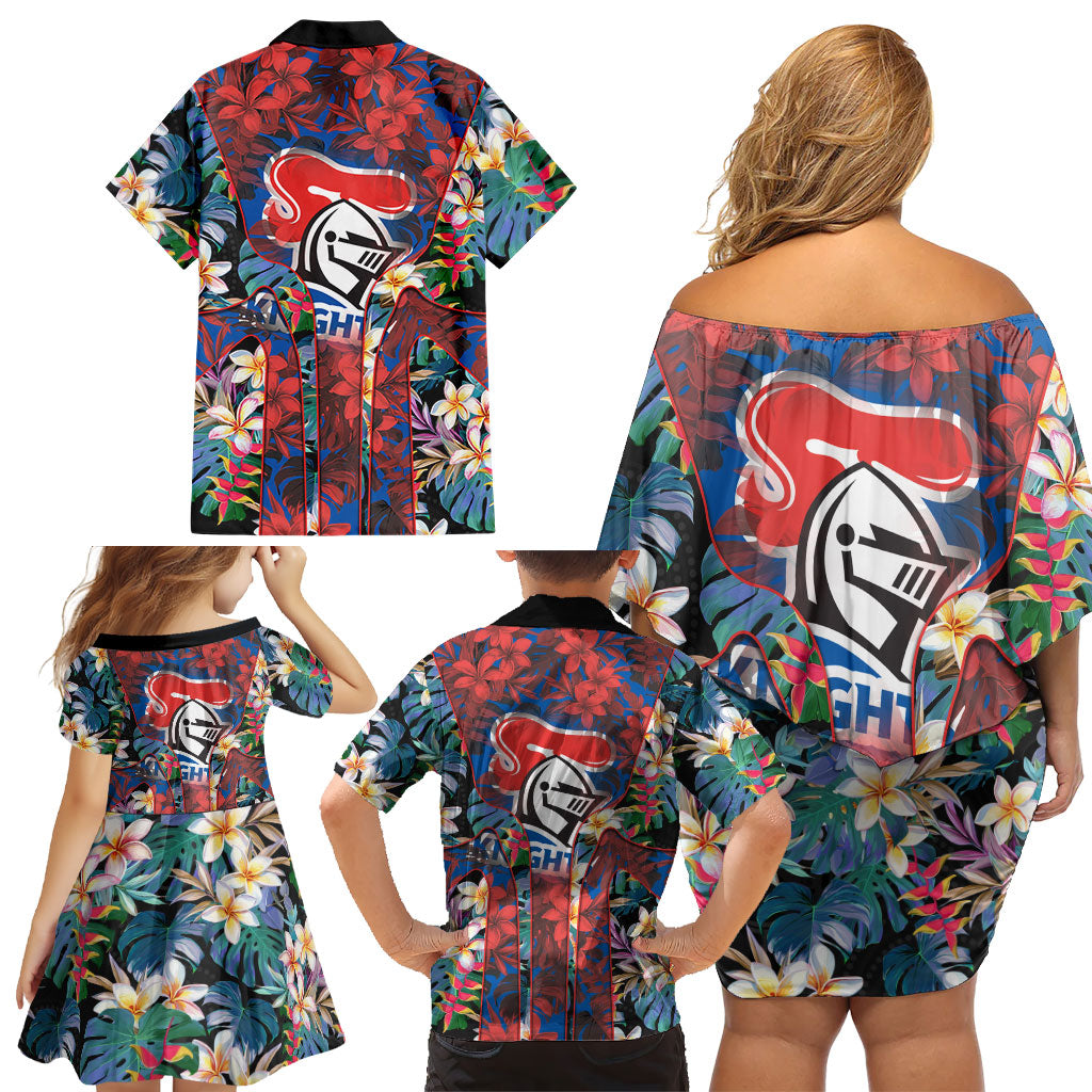 Newcastle Knights Family Matching Off Shoulder Short Dress and Hawaiian Shirt Tropical Hibiscus Floral Pattern With Blue And Red Accents