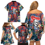 Newcastle Knights Family Matching Off Shoulder Short Dress and Hawaiian Shirt Tropical Hibiscus Floral Pattern With Blue And Red Accents