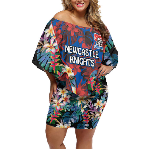 Newcastle Knights Family Matching Off Shoulder Short Dress and Hawaiian Shirt Tropical Hibiscus Floral Pattern With Blue And Red Accents