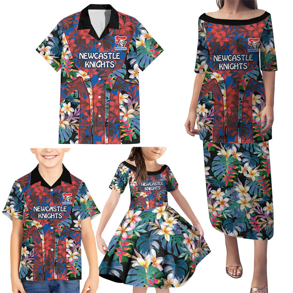 Newcastle Knights Family Matching Puletasi and Hawaiian Shirt Tropical Hibiscus Floral Pattern With Blue And Red Accents