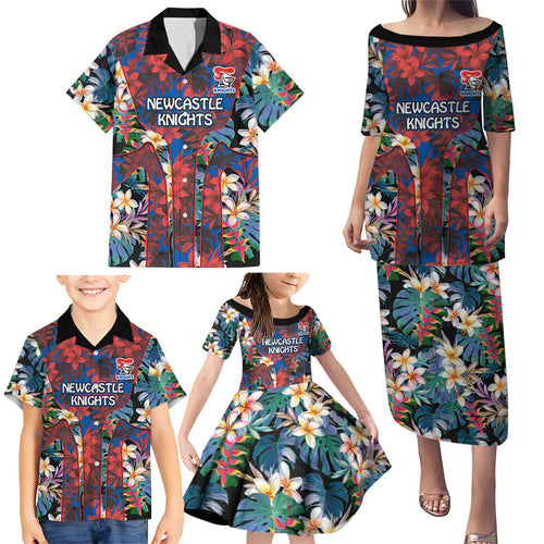 Newcastle Knights Family Matching Puletasi and Hawaiian Shirt Tropical Hibiscus Floral Pattern With Blue And Red Accents