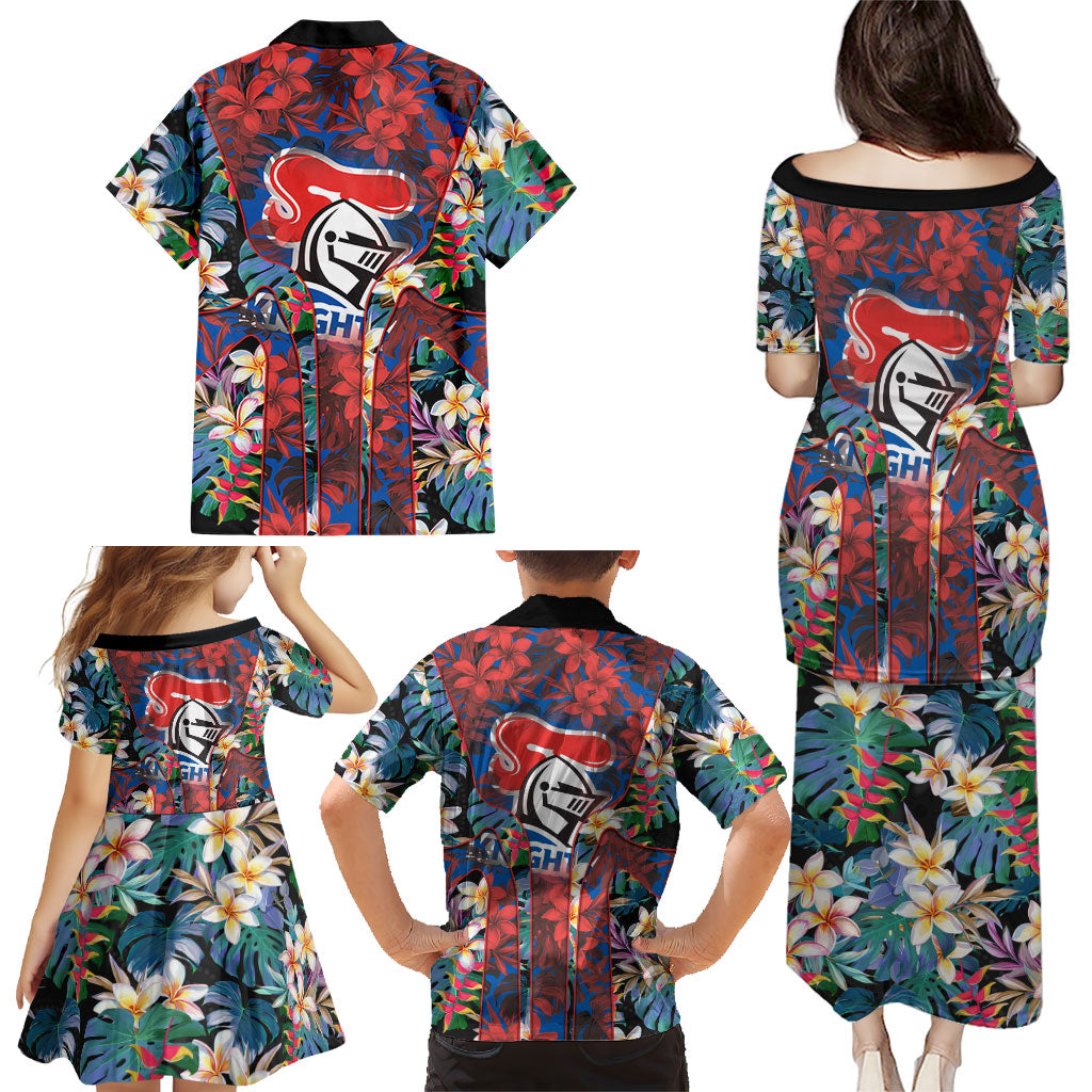 Newcastle Knights Family Matching Puletasi and Hawaiian Shirt Tropical Hibiscus Floral Pattern With Blue And Red Accents