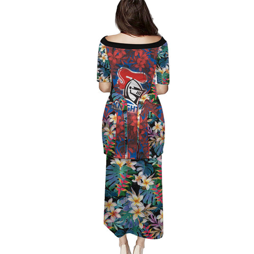 Newcastle Knights Family Matching Puletasi and Hawaiian Shirt Tropical Hibiscus Floral Pattern With Blue And Red Accents