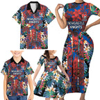 Newcastle Knights Family Matching Short Sleeve Bodycon Dress and Hawaiian Shirt Tropical Hibiscus Floral Pattern With Blue And Red Accents