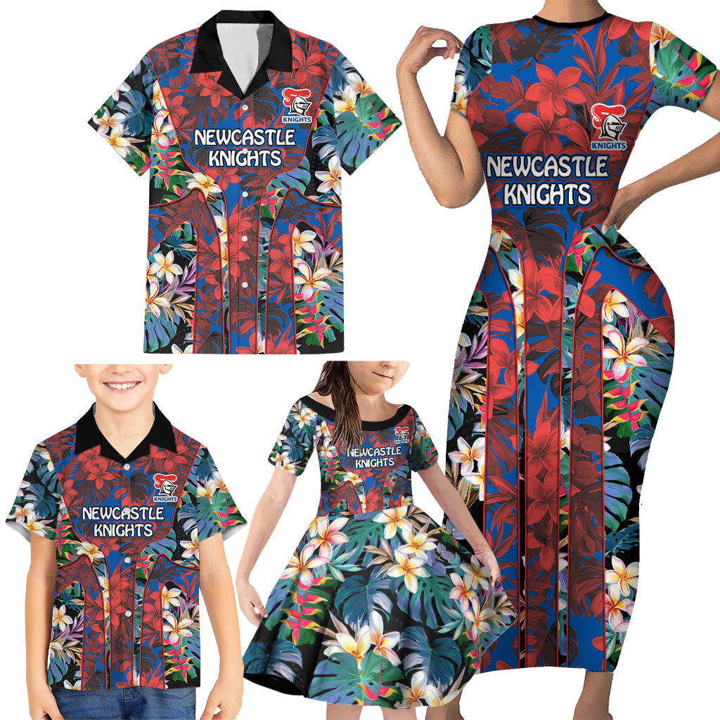 Newcastle Knights Family Matching Short Sleeve Bodycon Dress and Hawaiian Shirt Tropical Hibiscus Floral Pattern With Blue And Red Accents