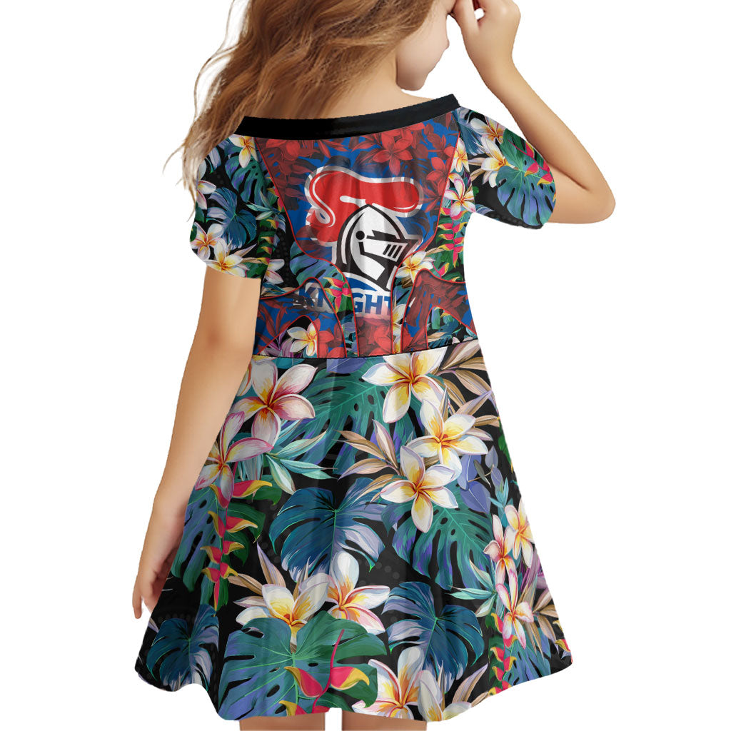 Newcastle Knights Family Matching Short Sleeve Bodycon Dress and Hawaiian Shirt Tropical Hibiscus Floral Pattern With Blue And Red Accents