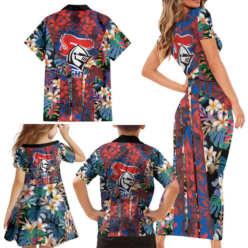 Newcastle Knights Family Matching Short Sleeve Bodycon Dress and Hawaiian Shirt Tropical Hibiscus Floral Pattern With Blue And Red Accents