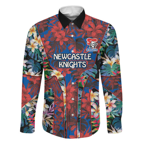 Newcastle Knights Family Matching Short Sleeve Bodycon Dress and Hawaiian Shirt Tropical Hibiscus Floral Pattern With Blue And Red Accents