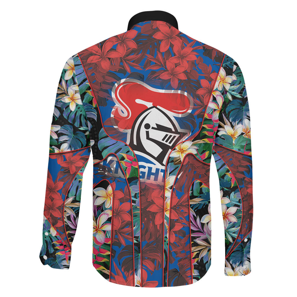 Newcastle Knights Family Matching Short Sleeve Bodycon Dress and Hawaiian Shirt Tropical Hibiscus Floral Pattern With Blue And Red Accents