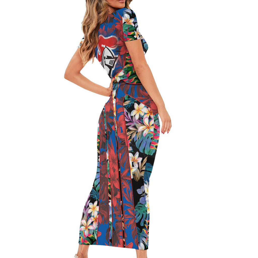 Newcastle Knights Family Matching Short Sleeve Bodycon Dress and Hawaiian Shirt Tropical Hibiscus Floral Pattern With Blue And Red Accents