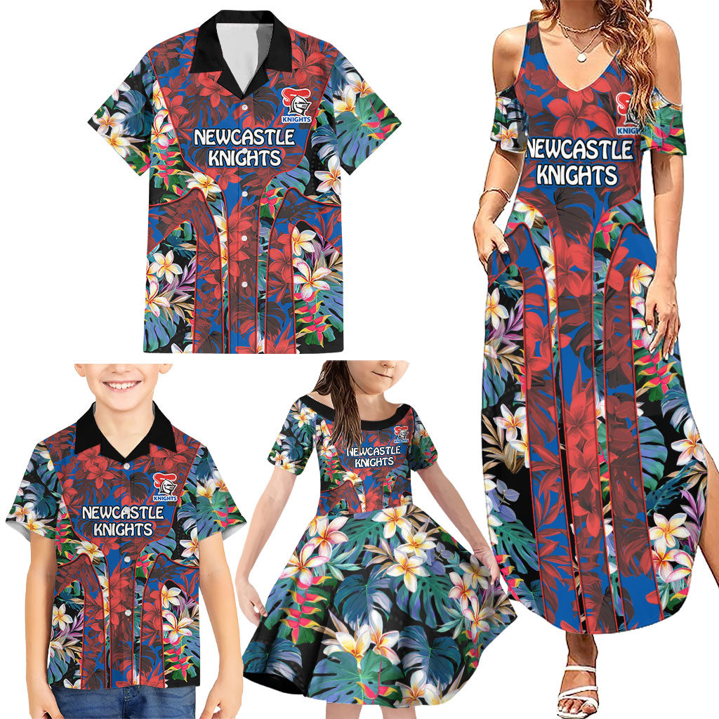 Newcastle Knights Family Matching Summer Maxi Dress and Hawaiian Shirt Tropical Hibiscus Floral Pattern With Blue And Red Accents