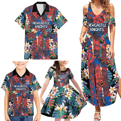 Newcastle Knights Family Matching Summer Maxi Dress and Hawaiian Shirt Tropical Hibiscus Floral Pattern With Blue And Red Accents