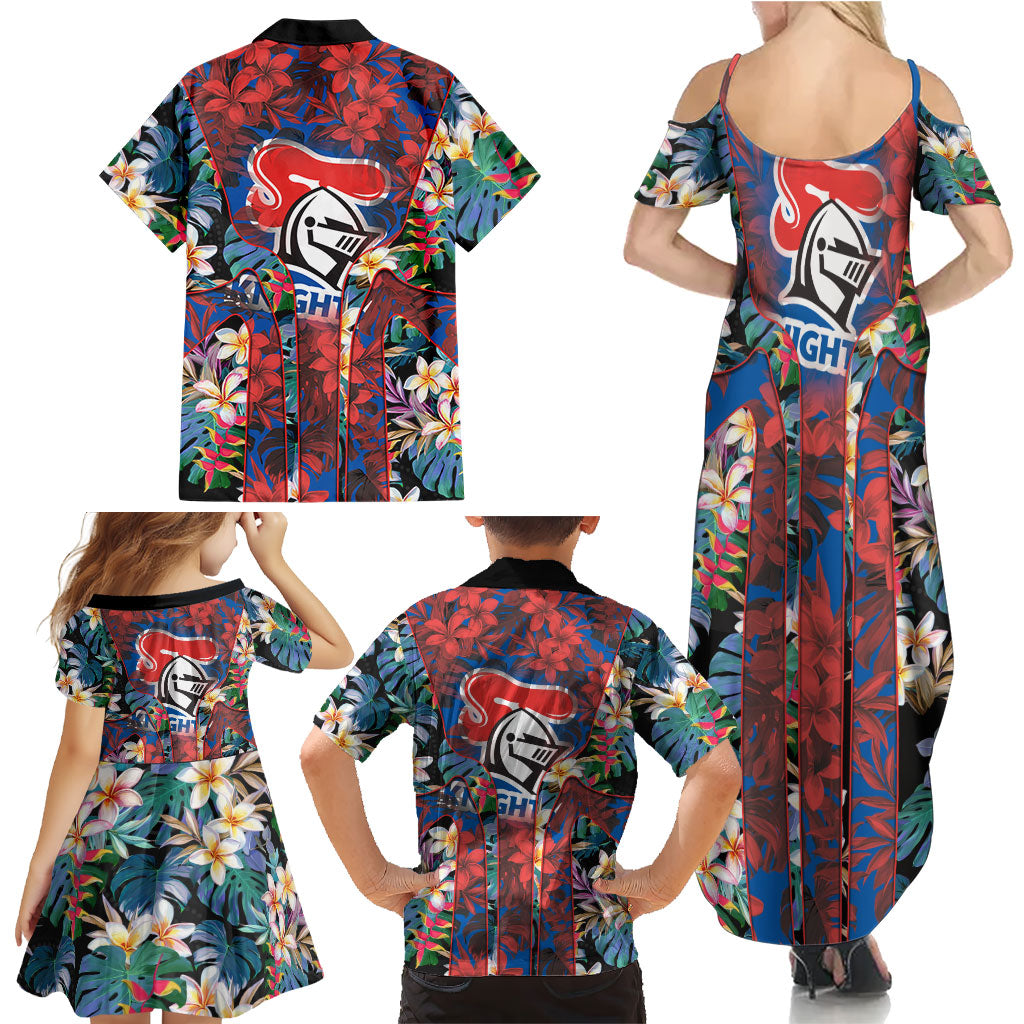 Newcastle Knights Family Matching Summer Maxi Dress and Hawaiian Shirt Tropical Hibiscus Floral Pattern With Blue And Red Accents