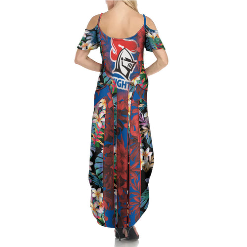 Newcastle Knights Family Matching Summer Maxi Dress and Hawaiian Shirt Tropical Hibiscus Floral Pattern With Blue And Red Accents