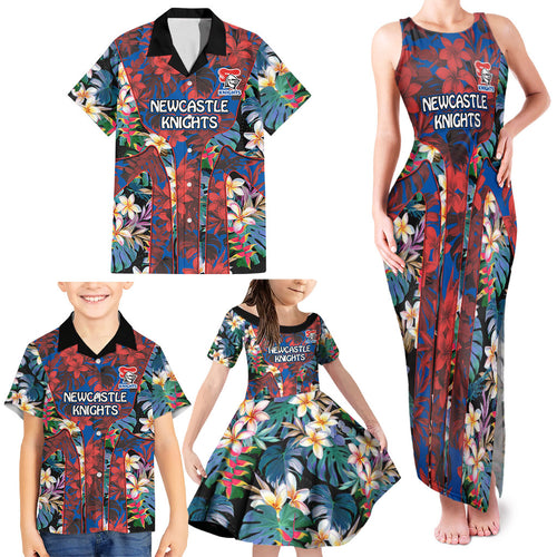 Newcastle Knights Family Matching Tank Maxi Dress and Hawaiian Shirt Tropical Hibiscus Floral Pattern With Blue And Red Accents