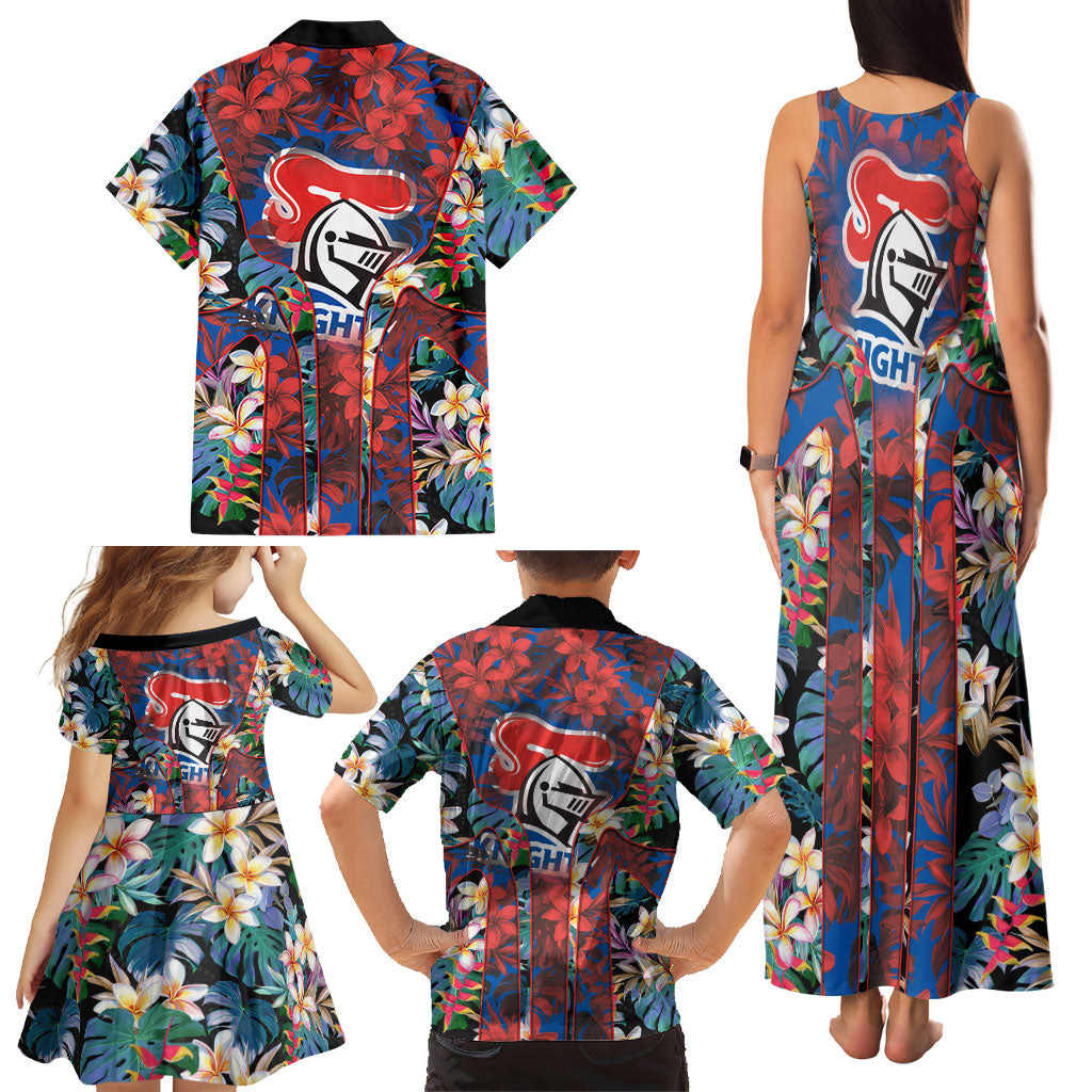 Newcastle Knights Family Matching Tank Maxi Dress and Hawaiian Shirt Tropical Hibiscus Floral Pattern With Blue And Red Accents