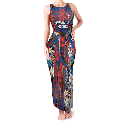 Newcastle Knights Family Matching Tank Maxi Dress and Hawaiian Shirt Tropical Hibiscus Floral Pattern With Blue And Red Accents