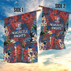 Newcastle Knights Garden Flag Tropical Hibiscus Floral Pattern With Blue And Red Accents