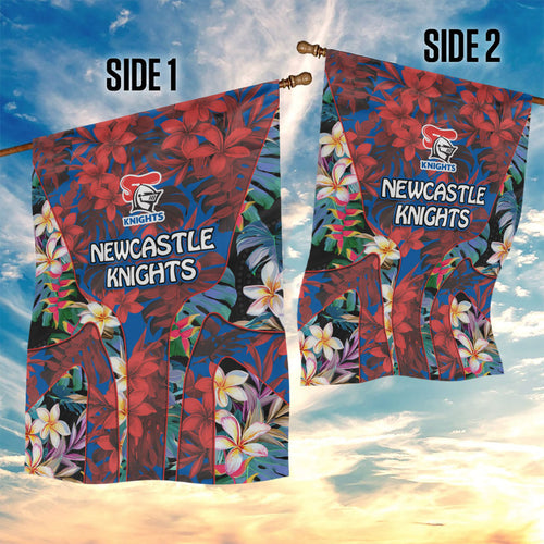 Newcastle Knights Garden Flag Tropical Hibiscus Floral Pattern With Blue And Red Accents