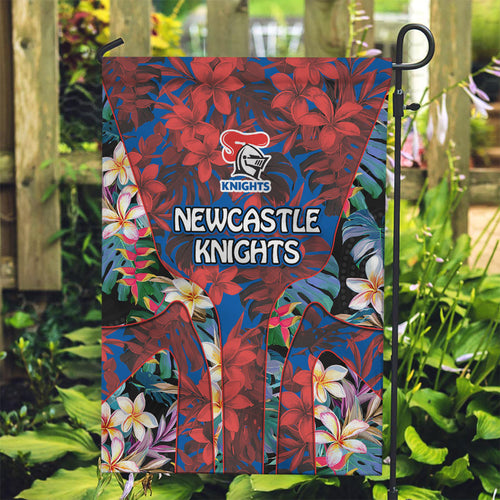 Newcastle Knights Garden Flag Tropical Hibiscus Floral Pattern With Blue And Red Accents