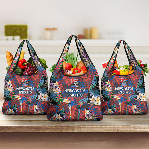 Newcastle Knights Grocery Bag Tropical Hibiscus Floral Pattern With Blue And Red Accents