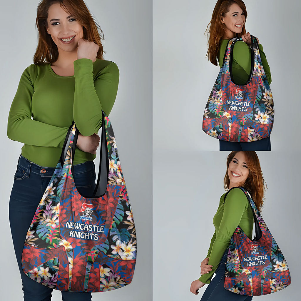 Newcastle Knights Grocery Bag Tropical Hibiscus Floral Pattern With Blue And Red Accents