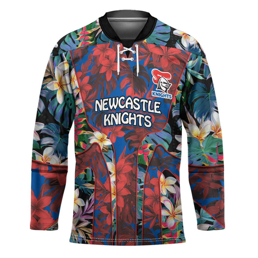 Newcastle Knights Hockey Jersey Tropical Hibiscus Floral Pattern With Blue And Red Accents