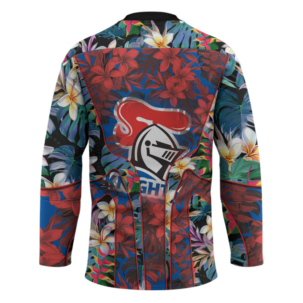 Newcastle Knights Hockey Jersey Tropical Hibiscus Floral Pattern With Blue And Red Accents
