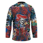 Newcastle Knights Hockey Jersey Tropical Hibiscus Floral Pattern With Blue And Red Accents