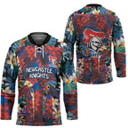 Newcastle Knights Hockey Jersey Tropical Hibiscus Floral Pattern With Blue And Red Accents