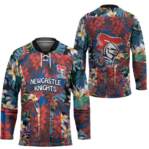 Newcastle Knights Hockey Jersey Tropical Hibiscus Floral Pattern With Blue And Red Accents