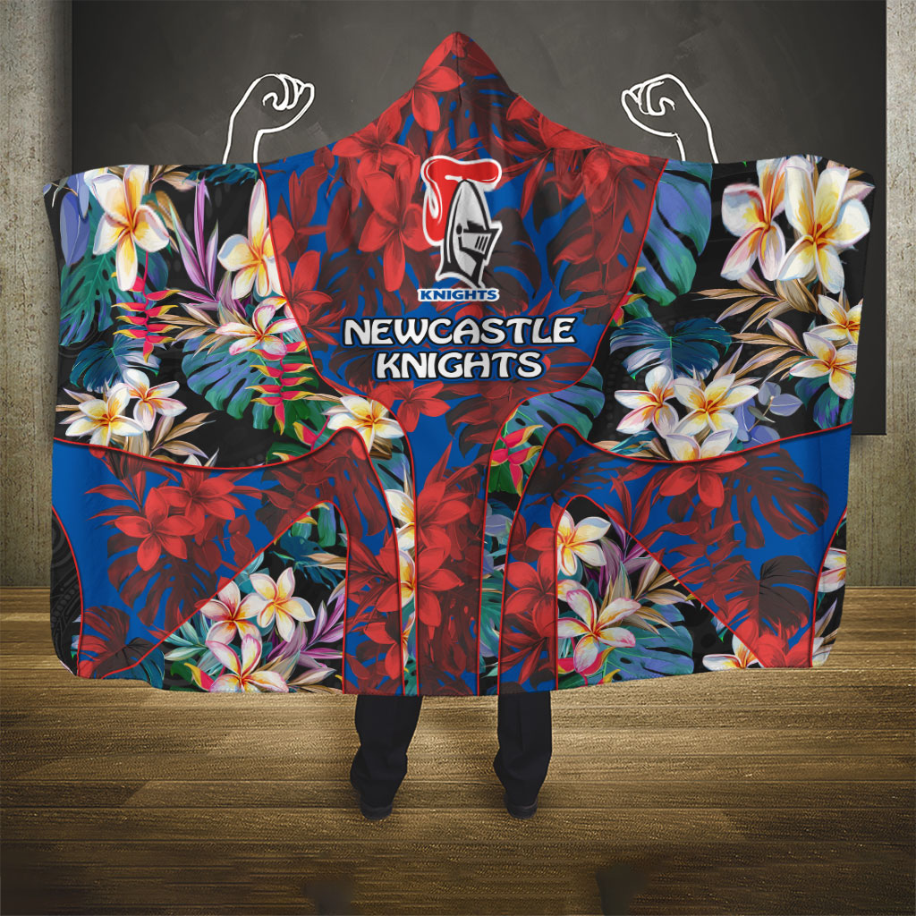 Newcastle Knights Hooded Blanket Tropical Hibiscus Floral Pattern With Blue And Red Accents