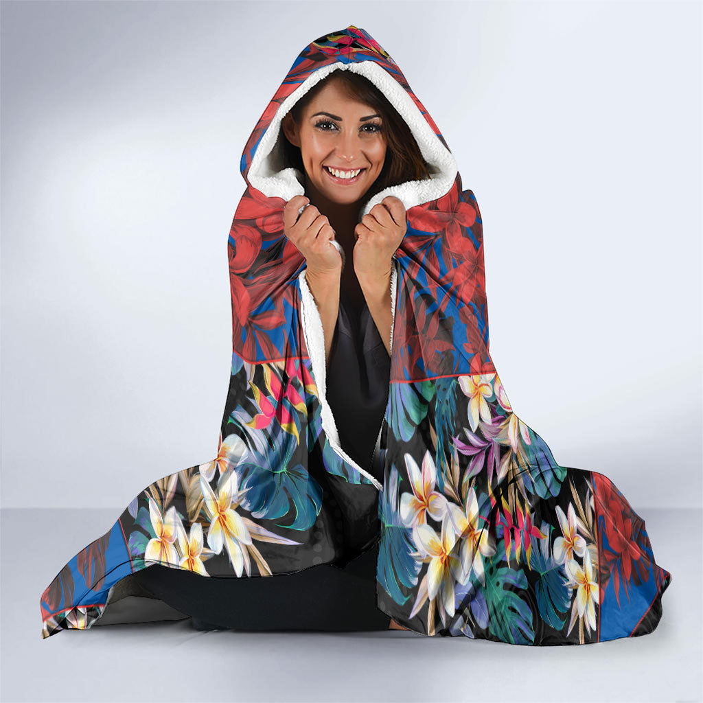 Newcastle Knights Hooded Blanket Tropical Hibiscus Floral Pattern With Blue And Red Accents
