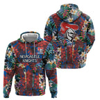 Newcastle Knights Hoodie Tropical Hibiscus Floral Pattern With Blue And Red Accents