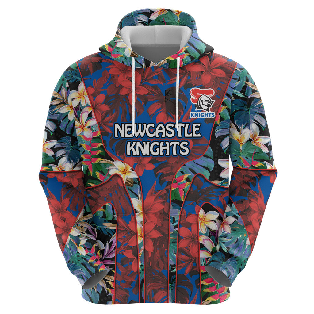 Newcastle Knights Hoodie Tropical Hibiscus Floral Pattern With Blue And Red Accents