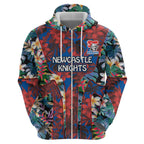 Newcastle Knights Hoodie Tropical Hibiscus Floral Pattern With Blue And Red Accents