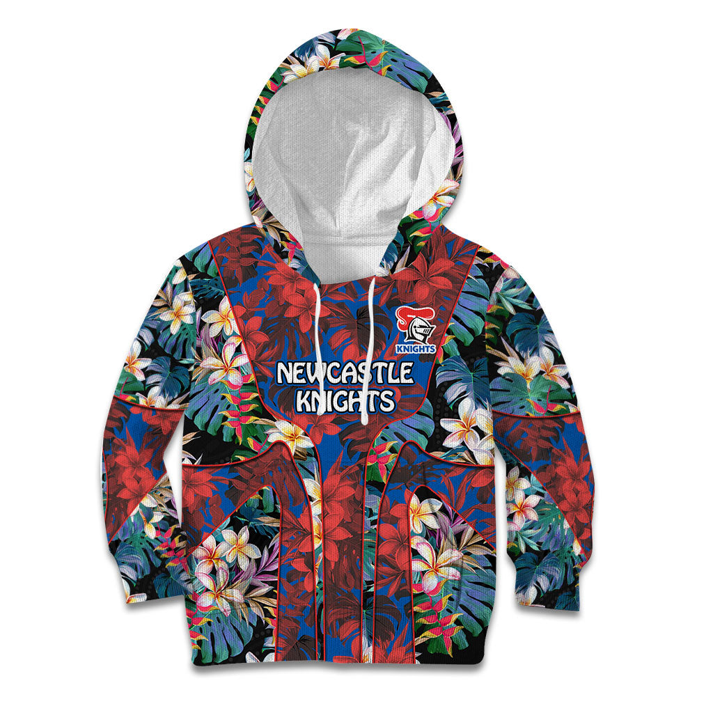 Newcastle Knights Kid Hoodie Tropical Hibiscus Floral Pattern With Blue And Red Accents