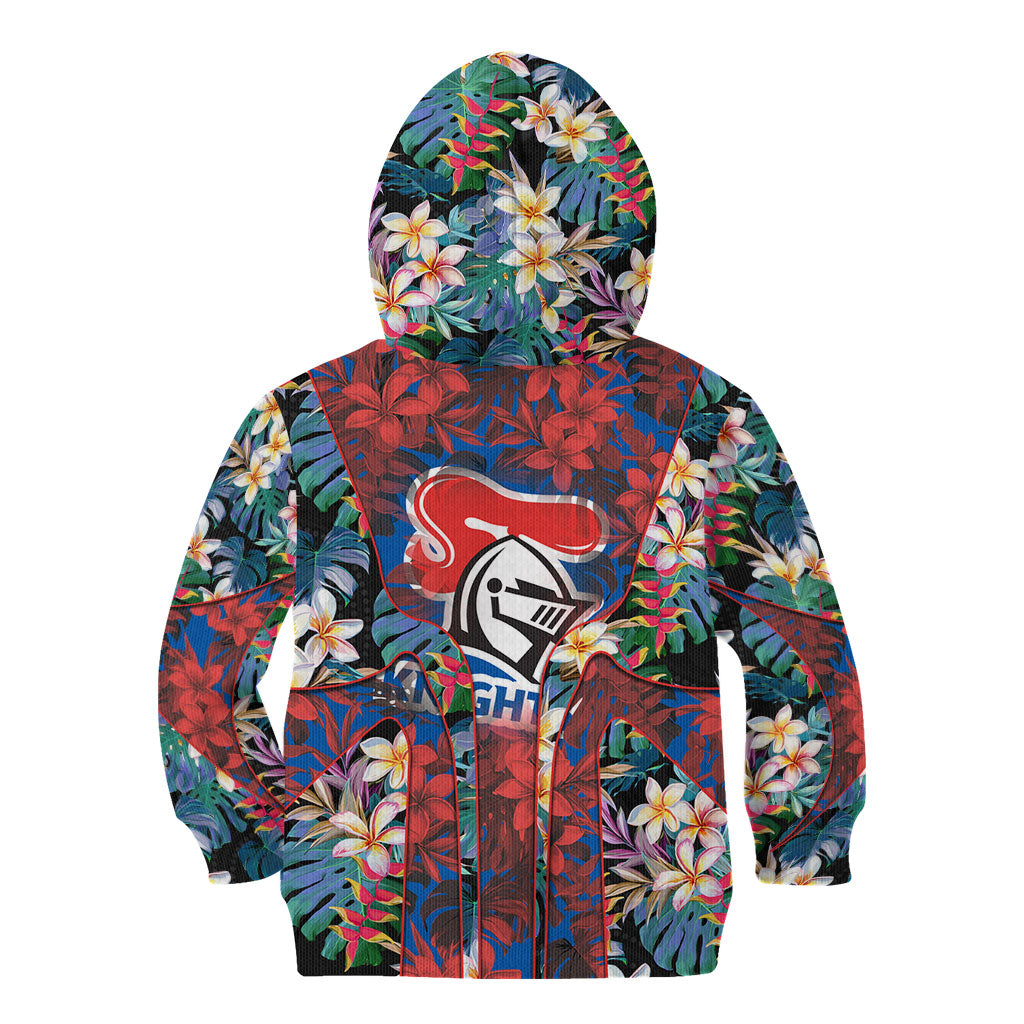 Newcastle Knights Kid Hoodie Tropical Hibiscus Floral Pattern With Blue And Red Accents