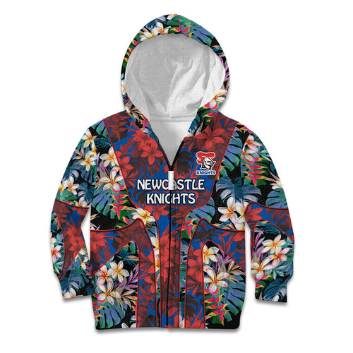 Newcastle Knights Kid Hoodie Tropical Hibiscus Floral Pattern With Blue And Red Accents