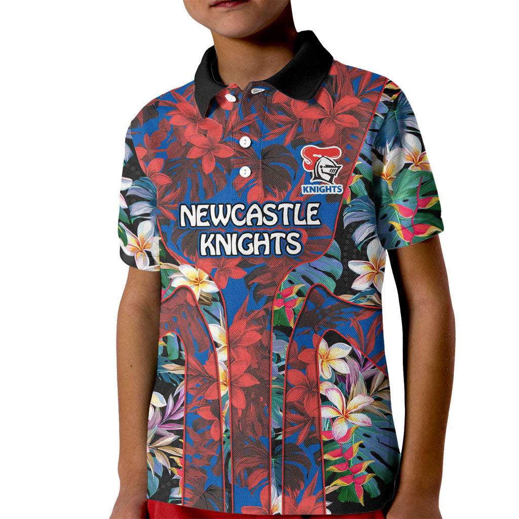 Newcastle Knights Kid Polo Shirt Tropical Hibiscus Floral Pattern With Blue And Red Accents